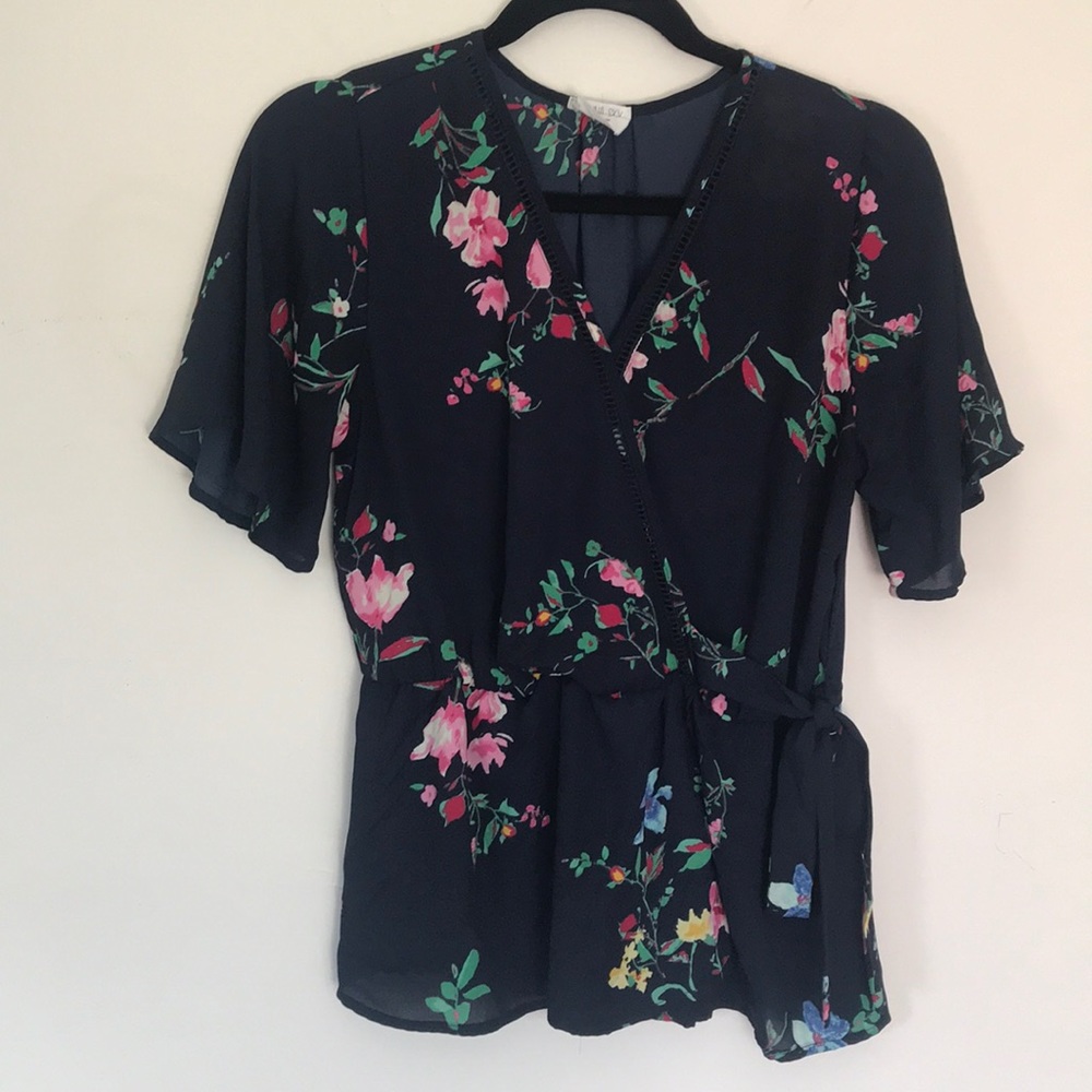 Navy blue floral flowy blouse - side tie